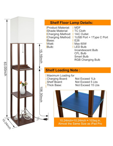 Lámpara de Estante LED 3-en-1 SHINE HAI Marrón con USB y Toma