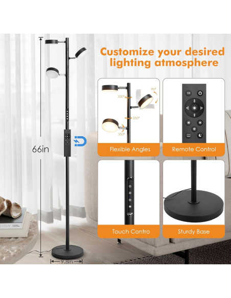 Lámpara de Pie LED JUNNAI 3 Cabezas Regulables 4 Temperaturas