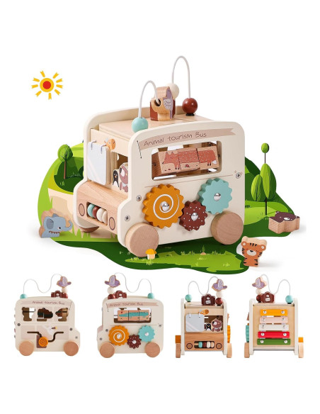 Cubo de Actividad de Madera 8-en-1 Etucdose Autobús Beige Cubo de Actividad de Madera 8-en-1 Etucdose Autobús Beige