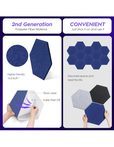 Paneles Acústicos Hexagonales Tao.space Marino 12 Piezas 35.56x30.48cm