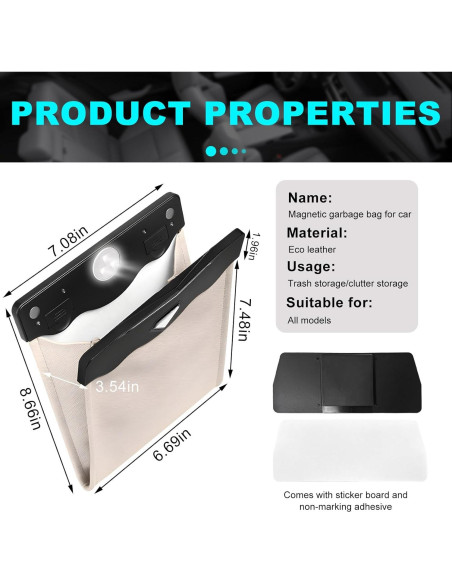 Cubo de Basura Colgante para Auto Yourkar Beige LED Magnético