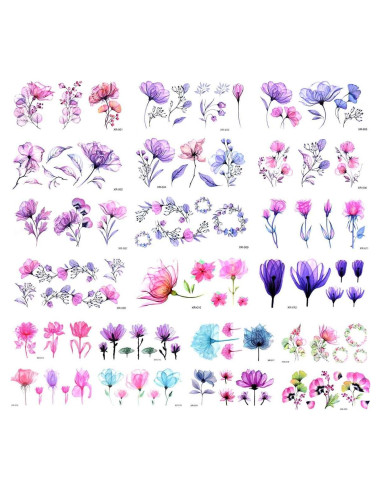 20 Hojas Tatuajes Temporales de Flores Acuarela Yuntop