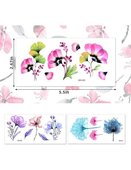 20 Hojas Tatuajes Temporales de Flores Acuarela Yuntop