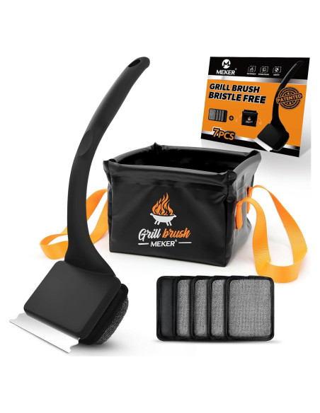 Cepillo Limpiador de Parrilla MEKER Sin Cerda con Cubo Plegable