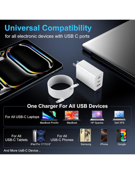 Cargador Rápido USB C 100W 3 Puertos con Cable 10FT Blanco Cargador Rápido USB C 100W 3 Puertos con Cable 10FT Blanco