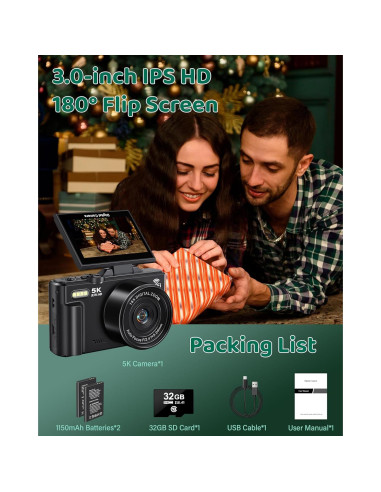 Cámara Digital 5K Pedtail 75MP con WiFi y Pantalla 3"