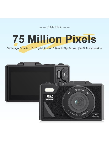 Cámara Digital Denash 75MP 5K Compacta con Zoom 18X