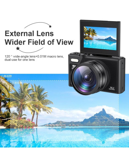 Cámara Digital Denash 75MP 5K Compacta con Zoom 18X