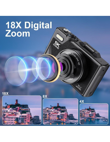 Cámara Digital Denash 75MP 5K Compacta con Zoom 18X