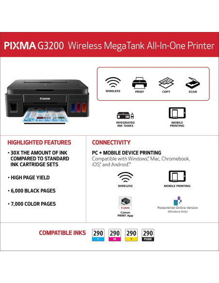 Impresora Canon G3200 MegaTank Todo en Uno Inalámbrica