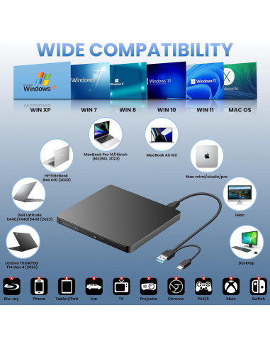 Unidad Externa de CD/DVD MAHAHUM USB 3.0 y USB-C 360g