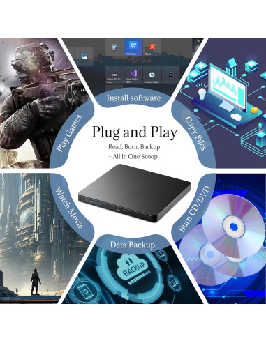 Unidad Externa de CD/DVD MAHAHUM USB 3.0 y USB-C 360g