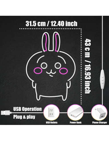 Luz de Neón Kawaii Usagi LED 42.93x31.50 cm para Decoración