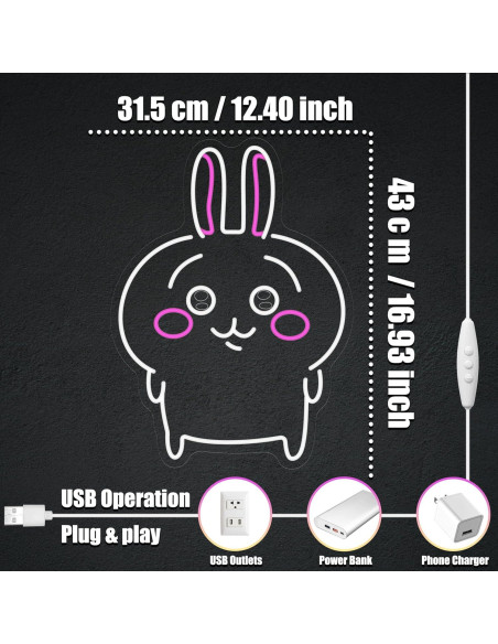 Luz de Neón Kawaii Usagi LED 42.93x31.50 cm para Decoración