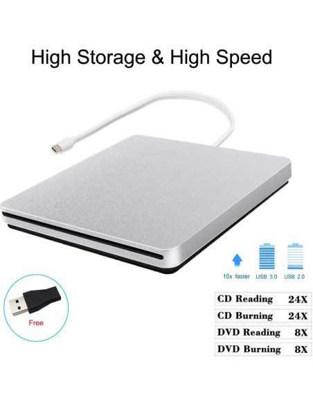 Grabadora DVD CD Externa Oulin USB C Slim Portátil Plata