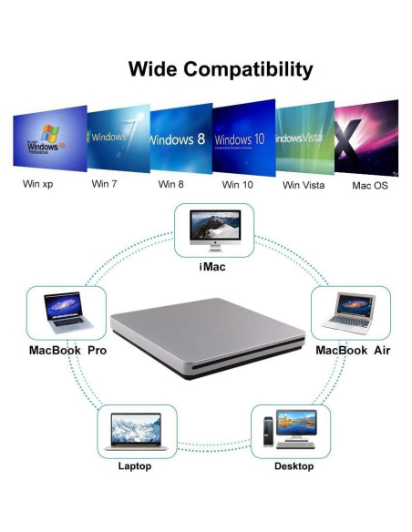 Grabadora DVD CD Externa Oulin USB C Slim Portátil Plata