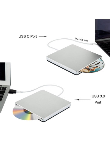 Grabadora DVD CD Externa Oulin USB C Slim Portátil Plata