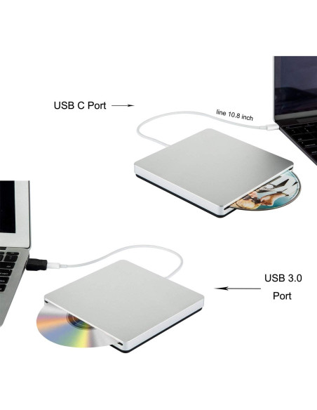 Grabadora DVD CD Externa Oulin USB C Slim Portátil Plata