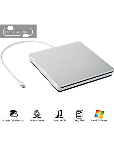 Grabadora DVD CD Externa Oulin USB C Slim Portátil Plata