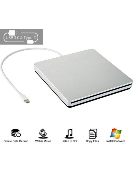 Grabadora DVD CD Externa Oulin USB C Slim Portátil Plata