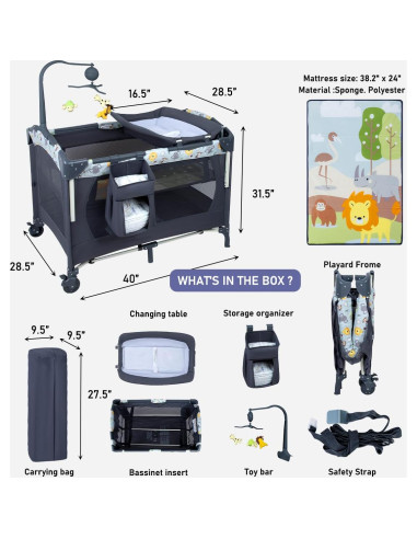 Cuna Lateral 5-en-1 SIMPLGIRL Negra, Plegable y Portátil
