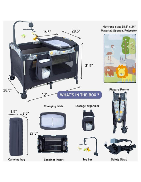 Cuna Lateral 5-en-1 SIMPLGIRL Negra, Plegable y Portátil