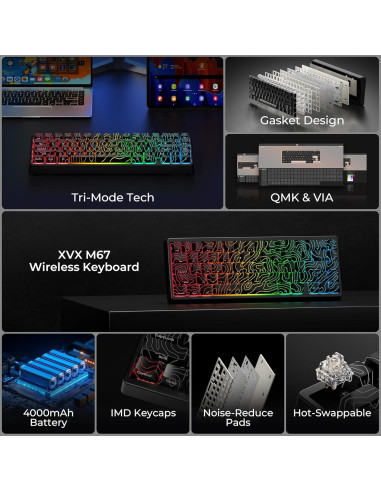 Teclado Mecánico Inalámbrico HITIME M67 RGB 60% QMK/VIA Negro