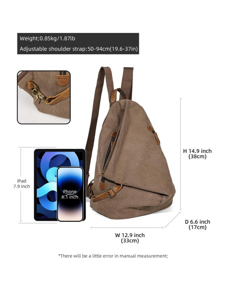 Mochila Vintage KL928 de Lona Marrón - Casual Grande 38x17x33cm