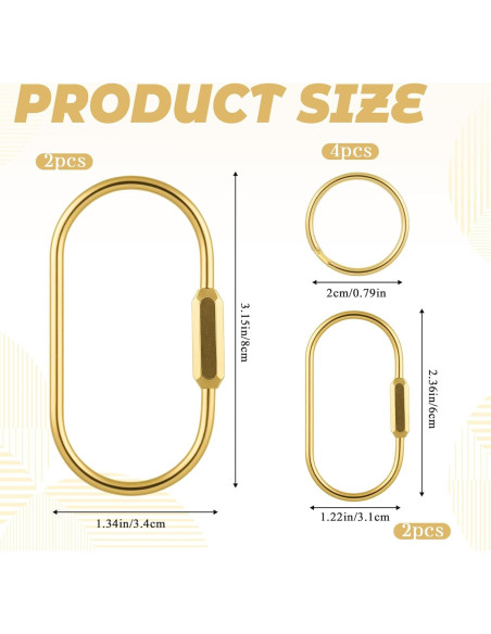 4 Mosquetones de Latón Dorado con Bloqueo y Anillos Planos