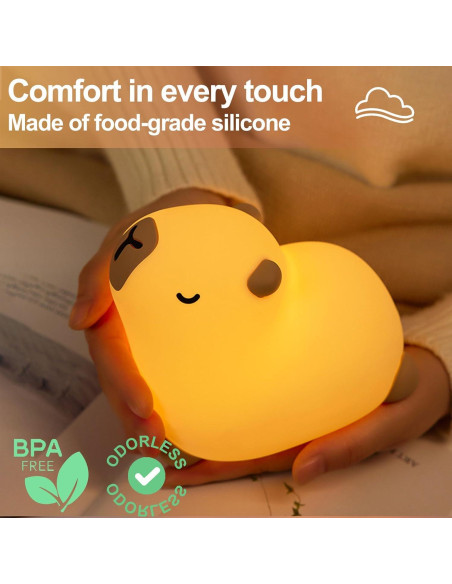 Luz Nocturna Capibara Kibbidea, Silicona Recargable, 3 Modos