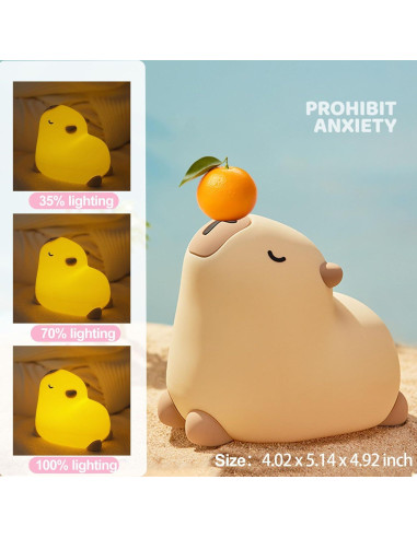 Luz Nocturna Capibara Kibbidea, Silicona Recargable, 3 Modos