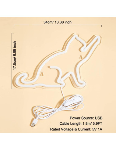 Luz de Neón LED Gato Chi-buy 34x17.5cm USB Blanco Cálido