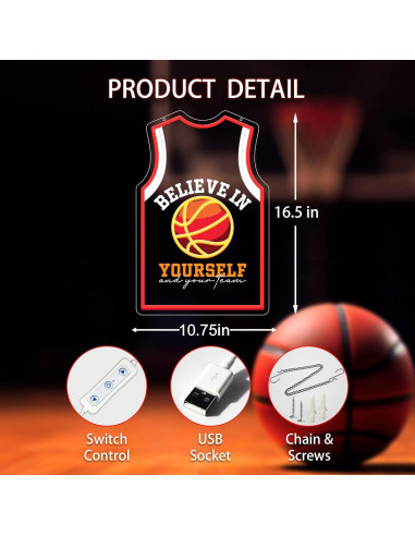 Luz de Neón LED Camiseta Baloncesto ZLOOREE 42x27.3cm