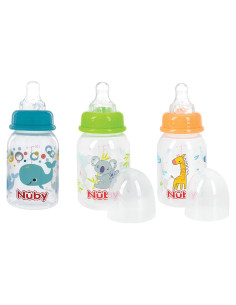Botella Estándar Nuby 4 Onzas Sin Goteo - 3 Piezas Aqua, Naranja, Verde