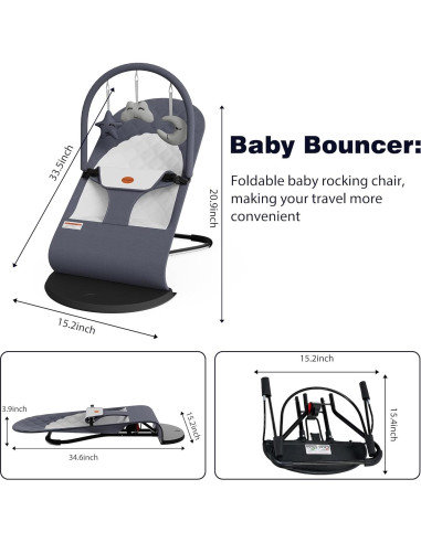 Asiento de rebote portátil para bebés Gris - 0-18 meses, 3 modos