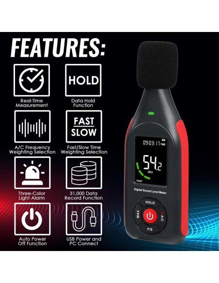 Medidor de Decibelios Tekcoplus TK442PLUS 30-130 dB con USB