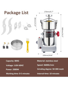 Molino de Grano Eléctrico BI-DTOOL 800g 2000W Acero Inoxidable 2