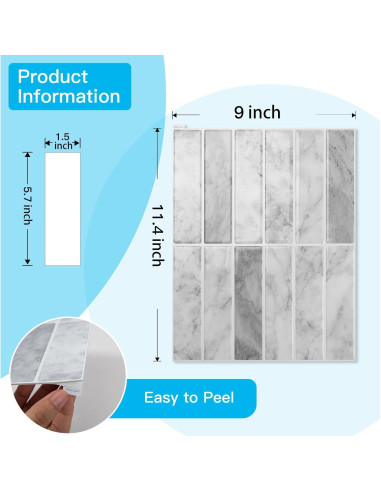 Azulejos Autoadhesivos Art3d 29x22 cm Mármol Gris - Paquete 10
