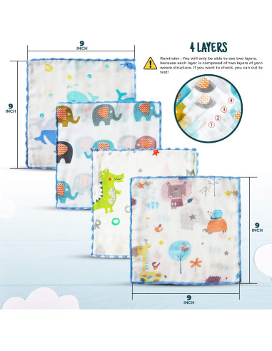 Toallitas de Muselina para Bebés Omilion 100% Algodón 12 Unidades