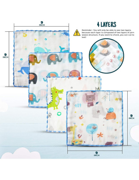 Toallitas de Muselina para Bebés Omilion 100% Algodón 12 Unidades