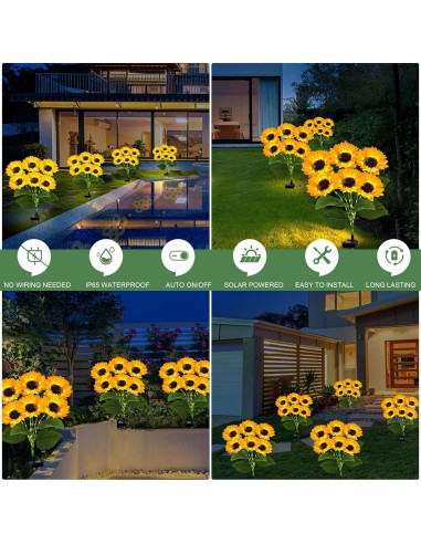 Luces Solares de Girasol EDOF - Paquete de 2, 12 Flores