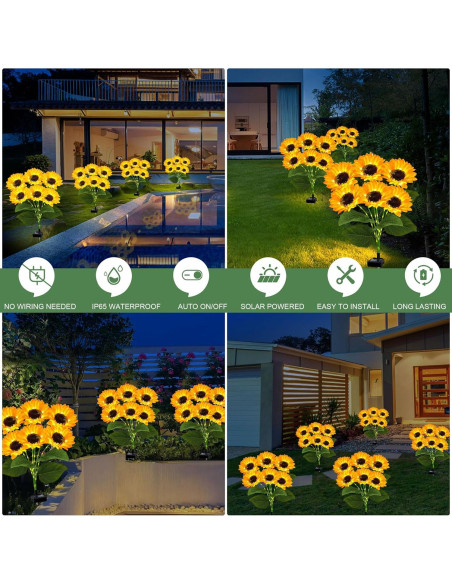 Luces Solares de Girasol EDOF - Paquete de 2, 12 Flores