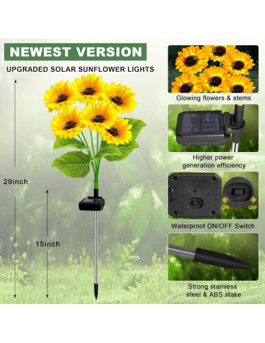 Luces Solares de Girasol EDOF - Paquete de 2, 12 Flores