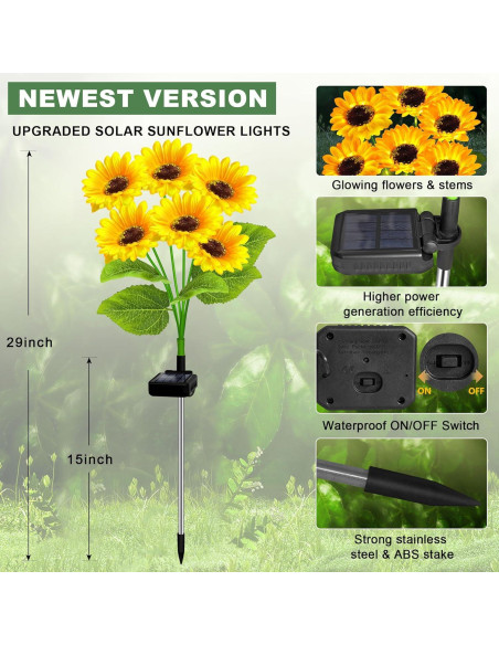 Luces Solares de Girasol EDOF - Paquete de 2, 12 Flores