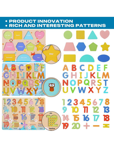 Rompecabezas de Madera Voamuw para Niños 3-6 Años - Letras, Números y Formas