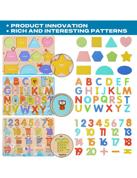 Rompecabezas de Madera Voamuw para Niños 3-6 Años - Letras, Números y Formas