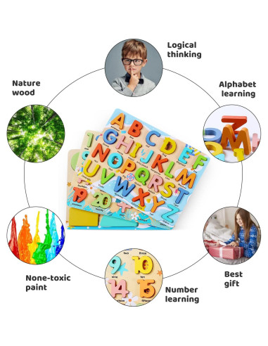 Rompecabezas de Madera Voamuw para Niños 3-6 Años - Letras, Números y Formas