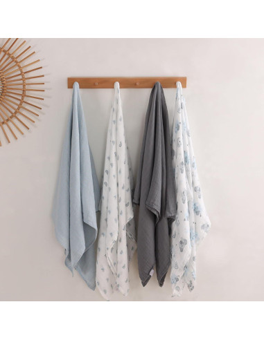 Mantas de Muselina Viviland 120x120 cm Elefante Azul - Paquete de 4