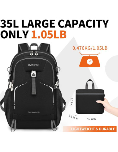 Mochila Plegable Ligera 35L - Resistente al Agua Negro
