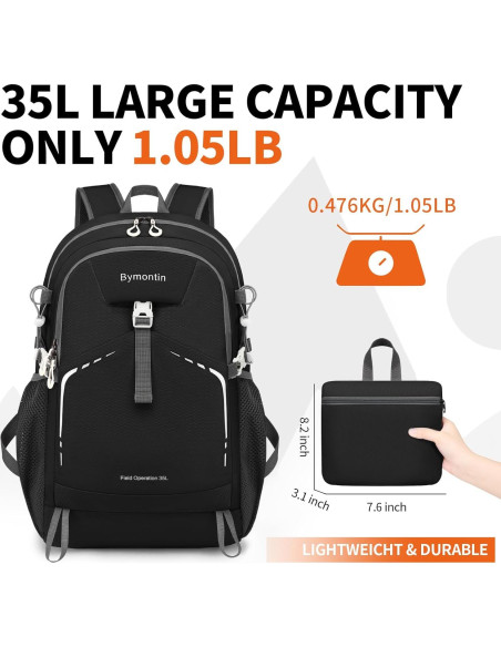 Mochila Plegable Ligera 35L - Resistente al Agua Negro